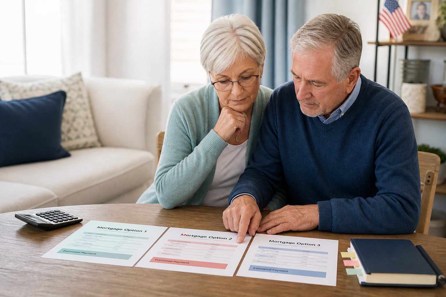 Senior American couple comparing three written mortgage assistance options