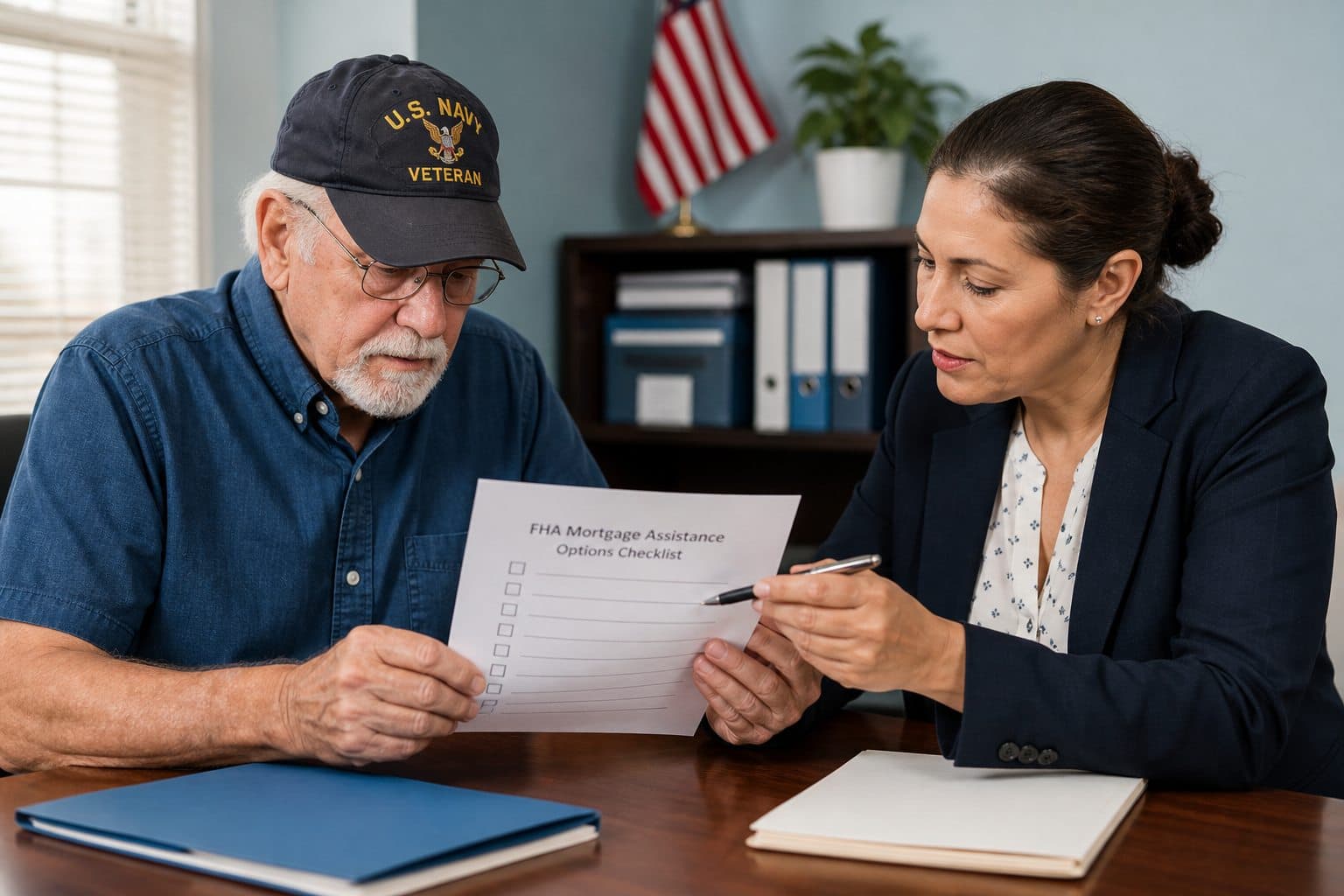 Senior American homeowner reviewing mortgage assistance information with a counselor