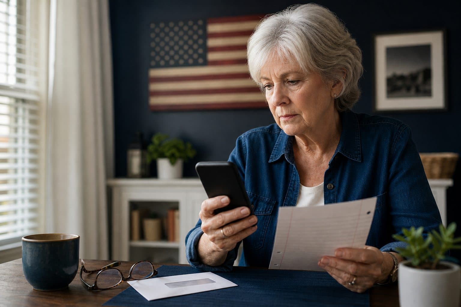 Senior American homeowner checking a suspicious mortgage message before responding