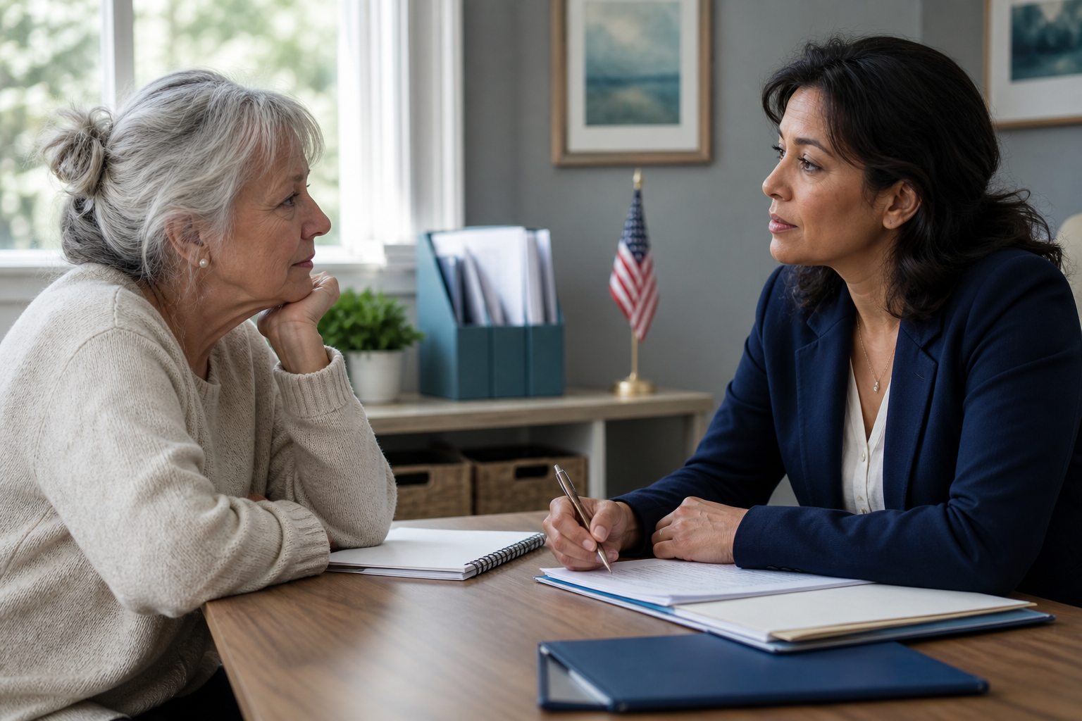 Senior American homeowner having a free mortgage consultation with a support specialist