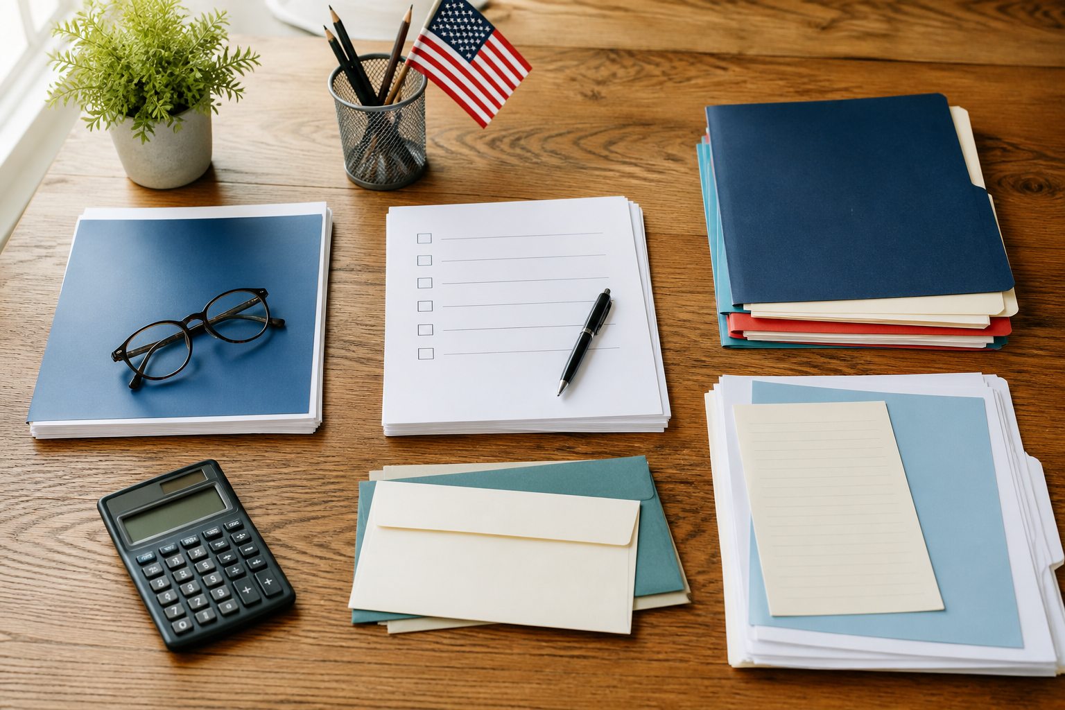 Organized mortgage assistance document groups with a checklist and American flag