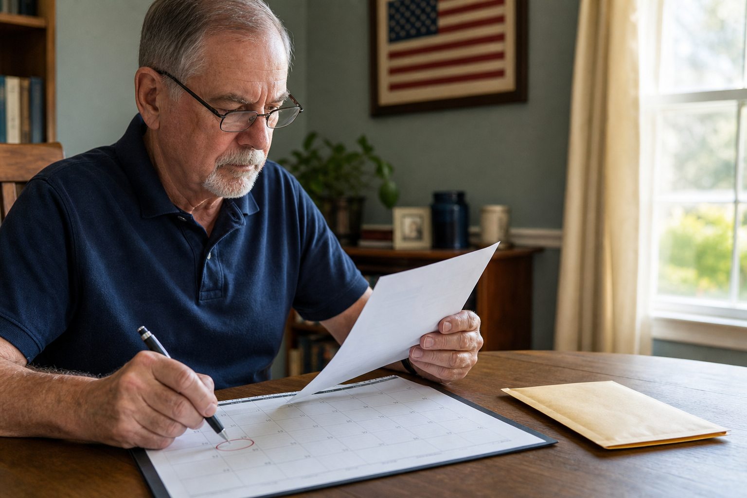 Senior American homeowner marking a mortgage notice deadline on a calendar