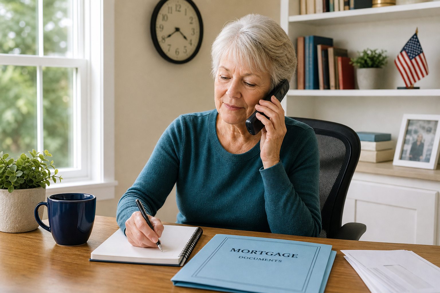 Senior American homeowner taking careful notes during a mortgage servicer call